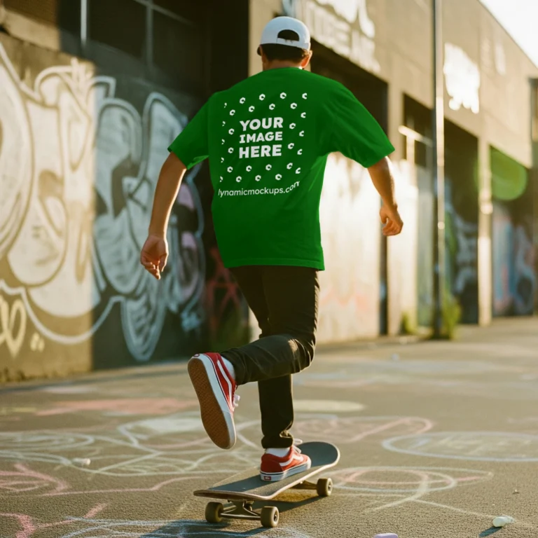 Man Wearing Green T-shirt Mockup Back View Template