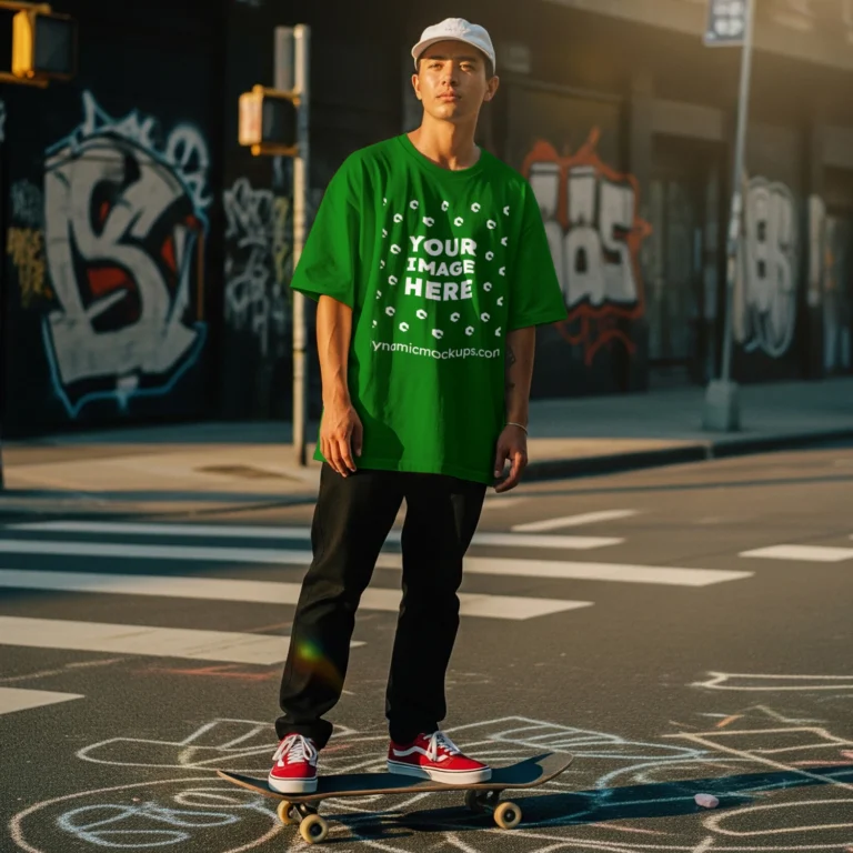 Man Wearing Green T-shirt Mockup Front View Template
