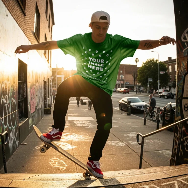Man Wearing Green T-shirt Mockup Front View Template