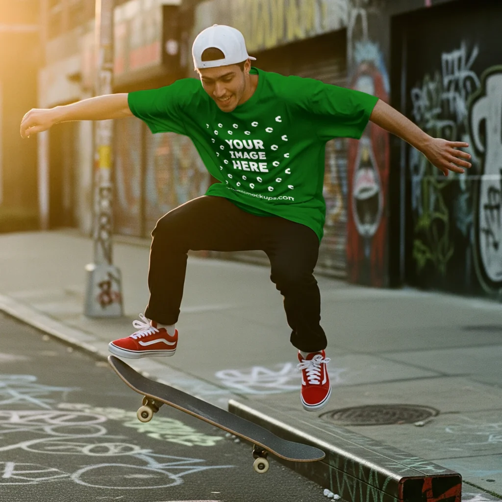 Man Wearing Green T-shirt Mockup Front View Template
