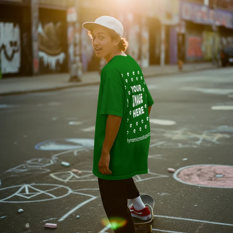 Man Wearing Green T-shirt Mockup Back View Template