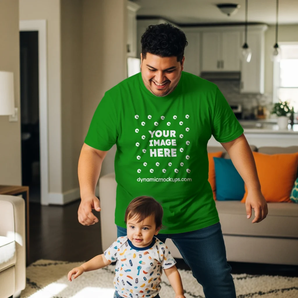 Man Wearing Green T-shirt Mockup Front View Template