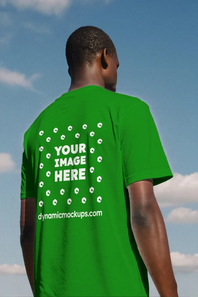 Man Wearing Green T-shirt Mockup Back View Template