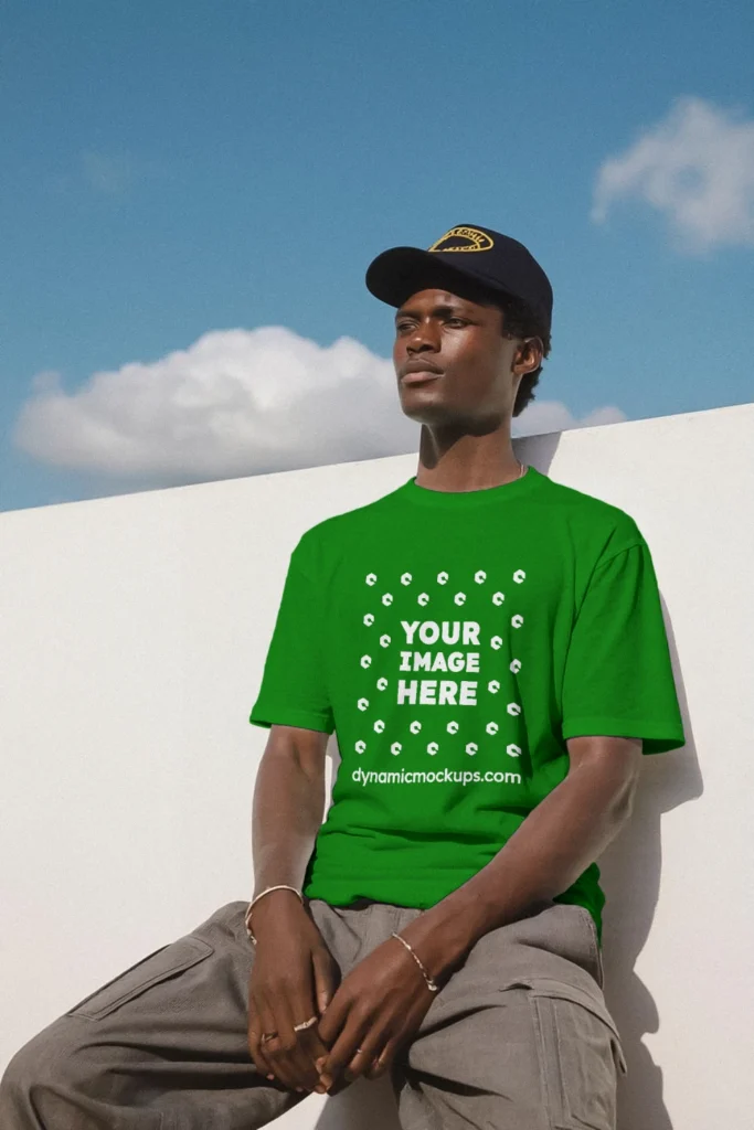 Man Wearing Green T-shirt Mockup Front View Template