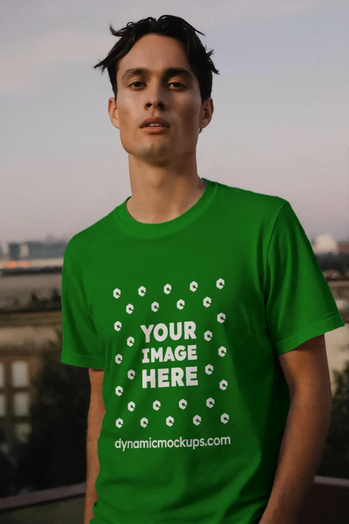 Man Wearing Green T-shirt Mockup Front View Template