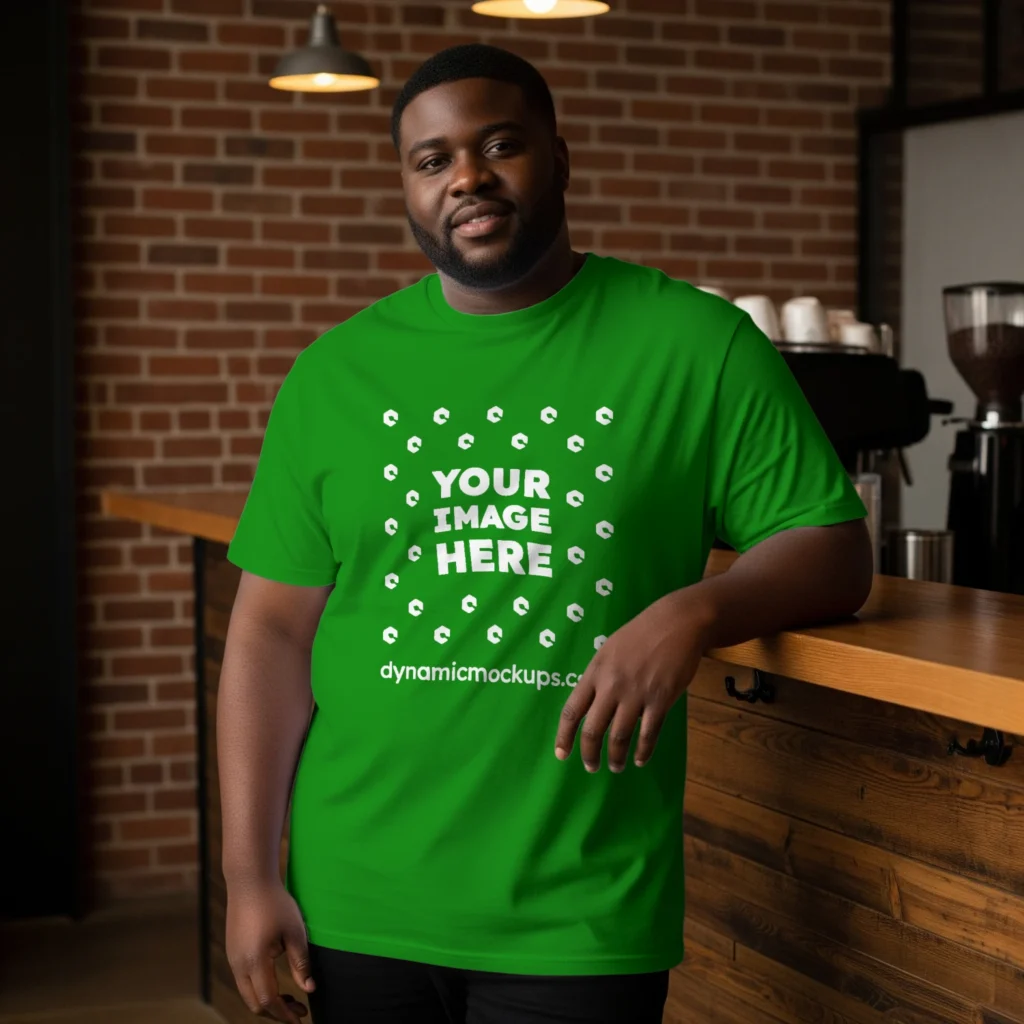 Man Wearing Green T-shirt Mockup Front View Template