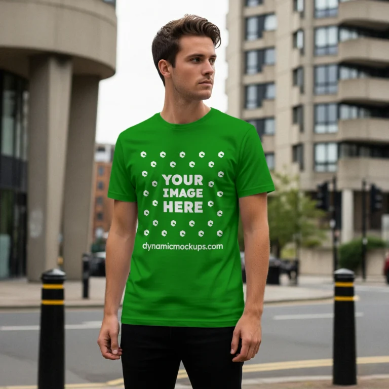 Man Wearing Green T-shirt Mockup Front View Template