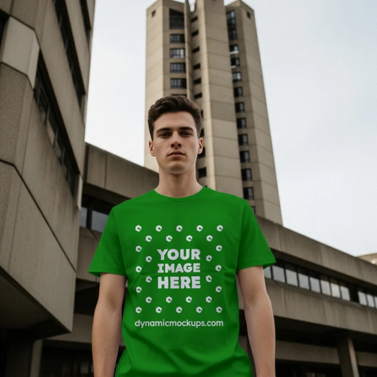 Man Wearing Green T-shirt Mockup Front View Template