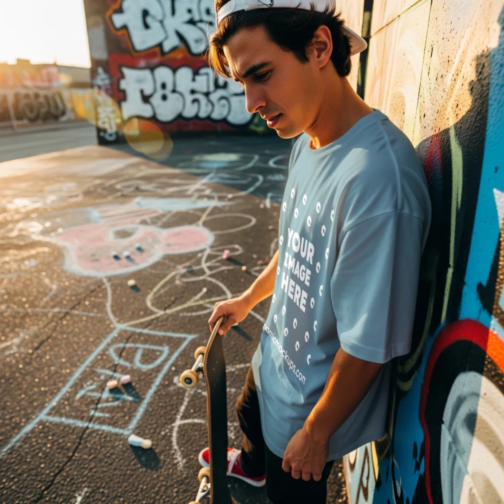 Man Wearing Light Blue T-shirt Mockup Front View Template