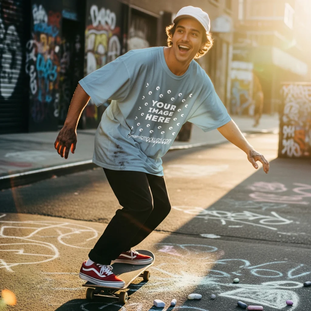 Man Wearing Light Blue T-shirt Mockup Front View Template