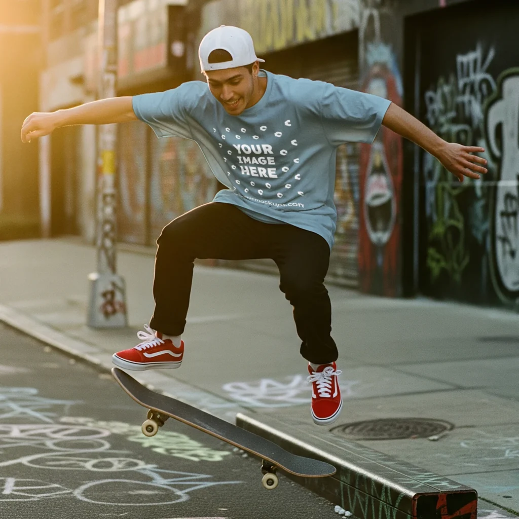 Man Wearing Light Blue T-shirt Mockup Front View Template