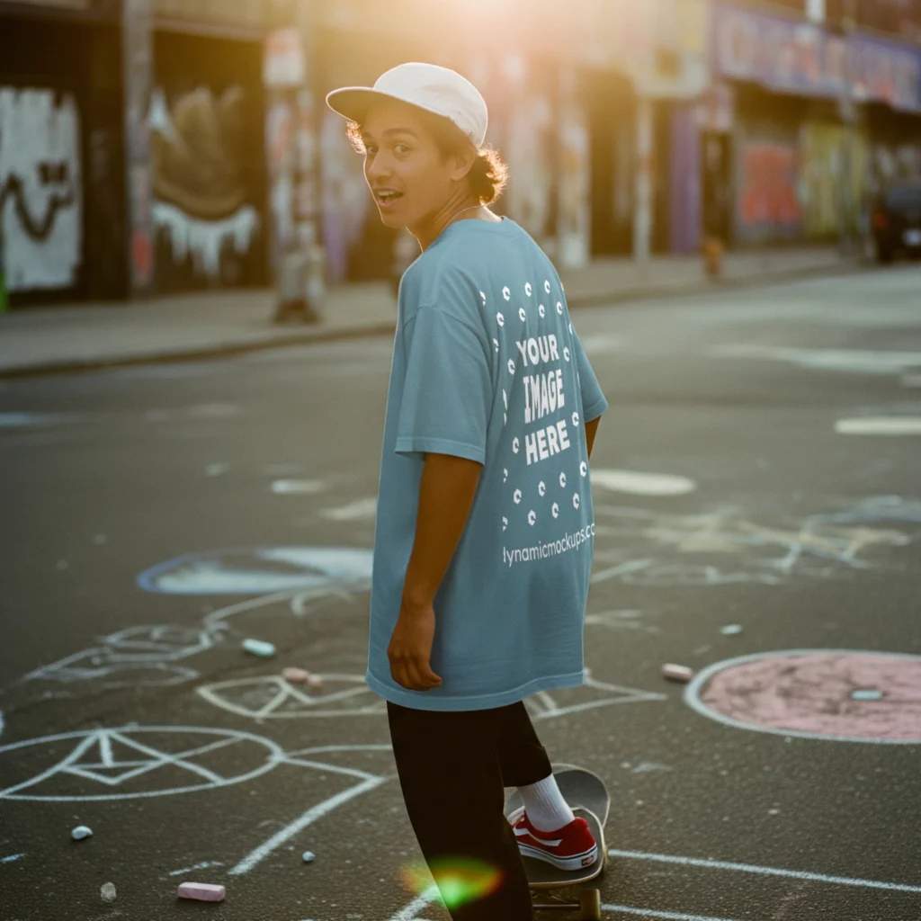 Man Wearing Light Blue T-shirt Mockup Back View Template