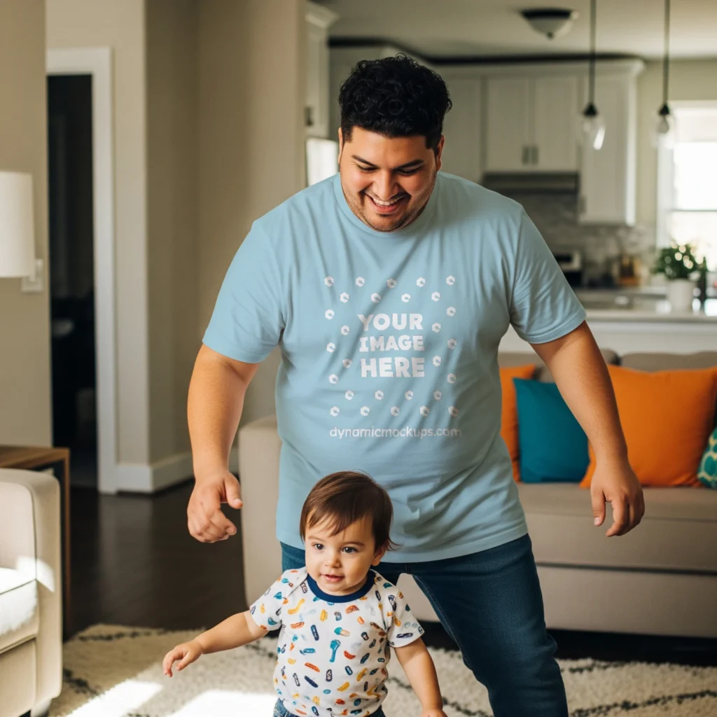 Man Wearing Light Blue T-shirt Mockup Front View Template