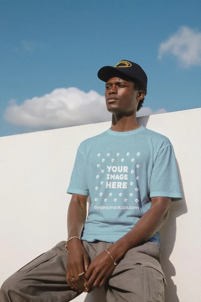 Man Wearing Light Blue T-shirt Mockup Front View Template