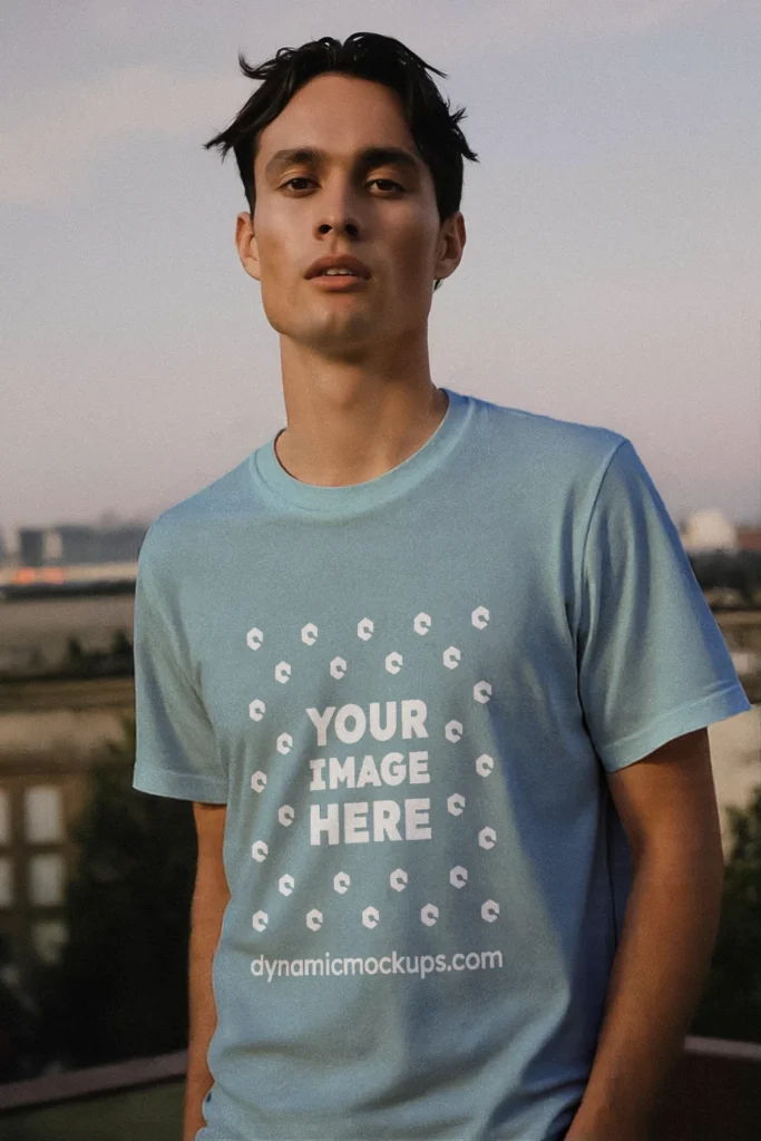 Man Wearing Light Blue T-shirt Mockup Front View Template