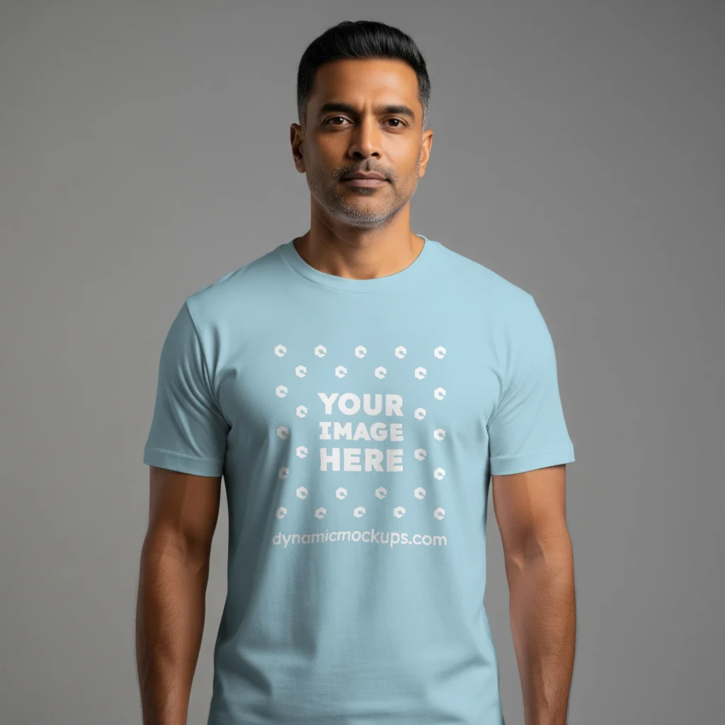 Man Wearing Light Blue T-shirt Mockup Front View Template