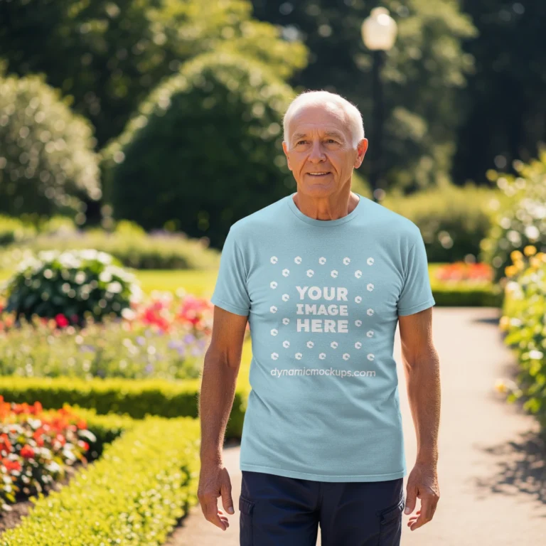 Man Wearing Light Blue T-shirt Mockup Front View Template