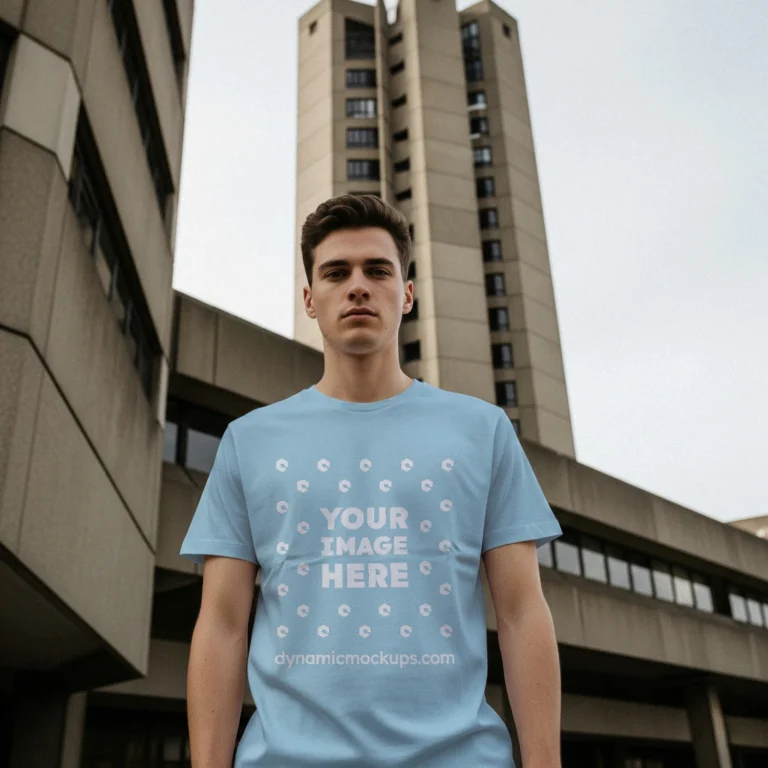 Man Wearing Light Blue T-shirt Mockup Front View Template