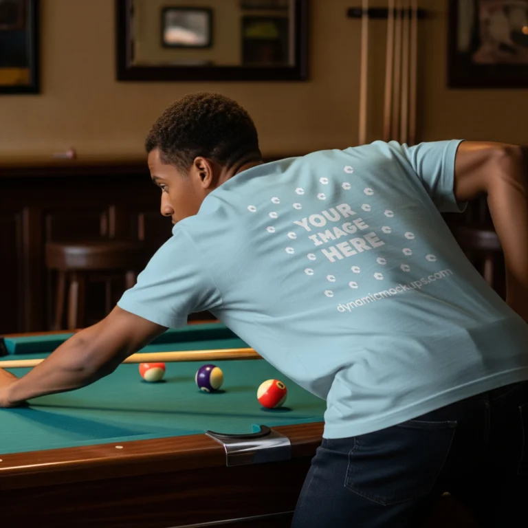 Man Wearing Light Blue T-shirt Mockup Back View Template