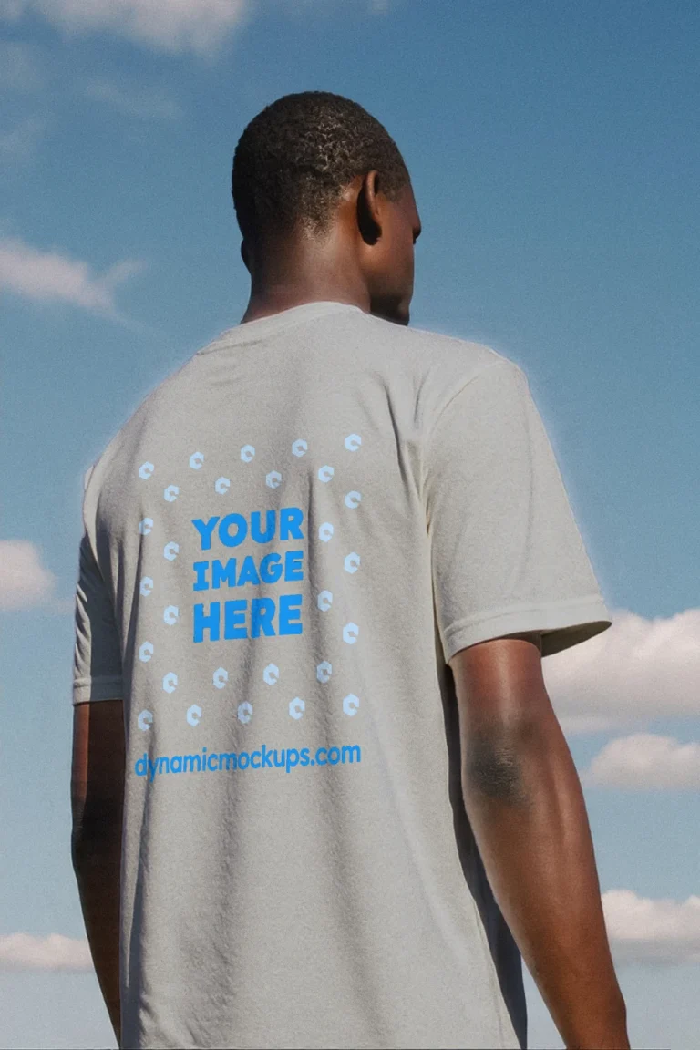 Man Wearing Light Gray T-shirt Mockup Back View Template