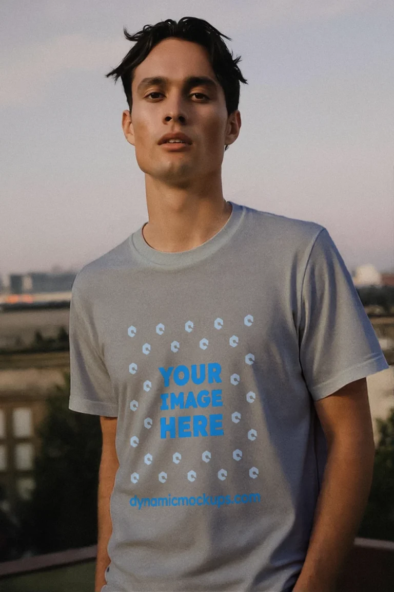 Man Wearing Light Gray T-shirt Mockup Front View Template