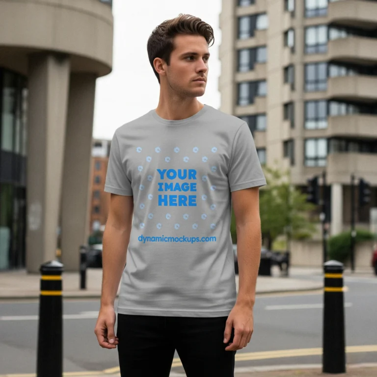 Man Wearing Light Gray T-shirt Mockup Front View Template