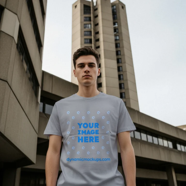 Man Wearing Light Gray T-shirt Mockup Front View Template