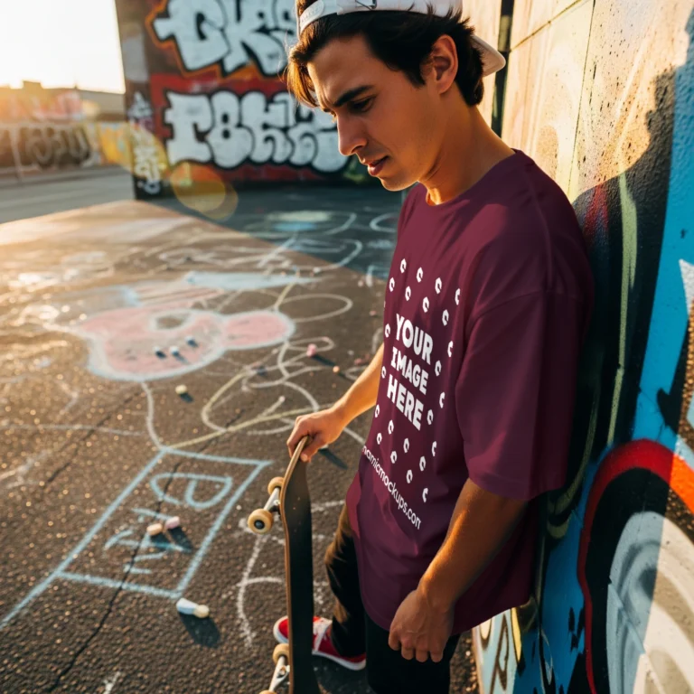 Man Wearing Maroon T-shirt Mockup Front View Template