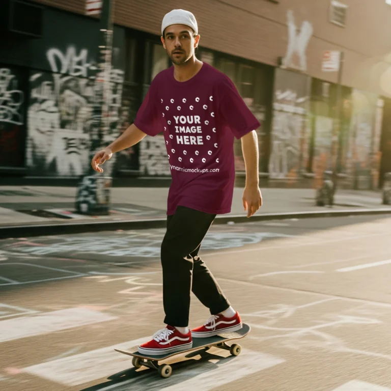Man Wearing Maroon T-shirt Mockup Front View Template