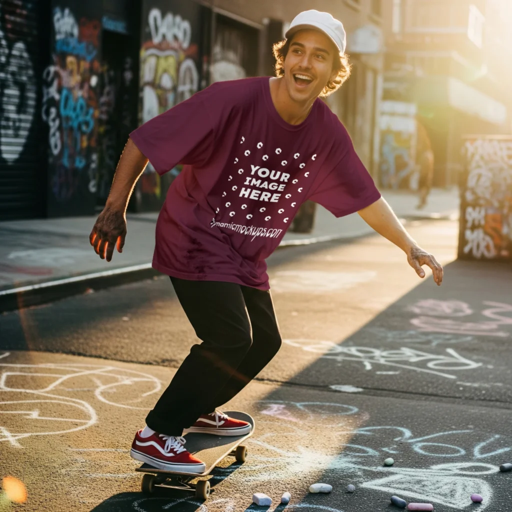 Man Wearing Maroon T-shirt Mockup Front View Template