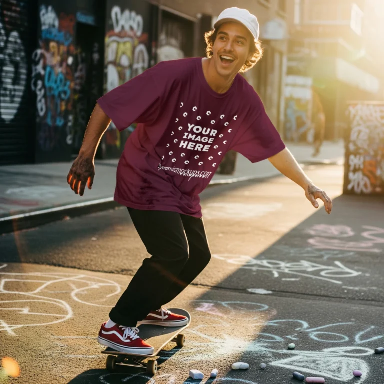 Man Wearing Maroon T-shirt Mockup Front View Template