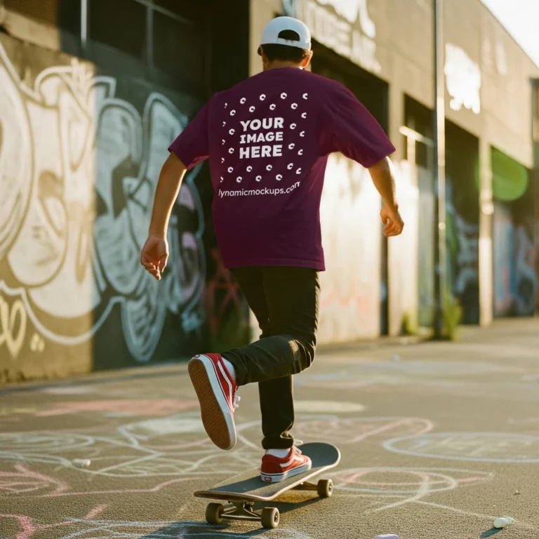 Man Wearing Maroon T-shirt Mockup Back View Template