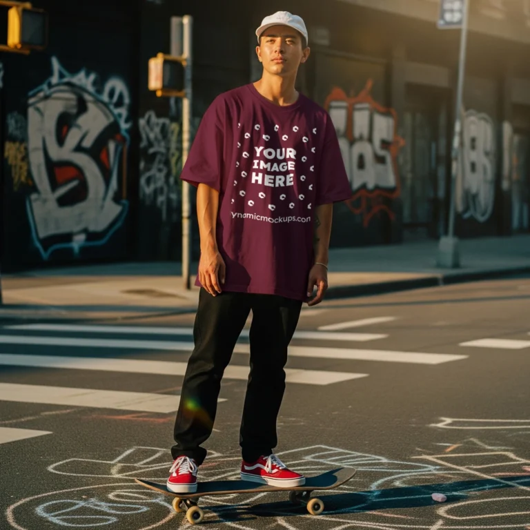 Man Wearing Maroon T-shirt Mockup Front View Template