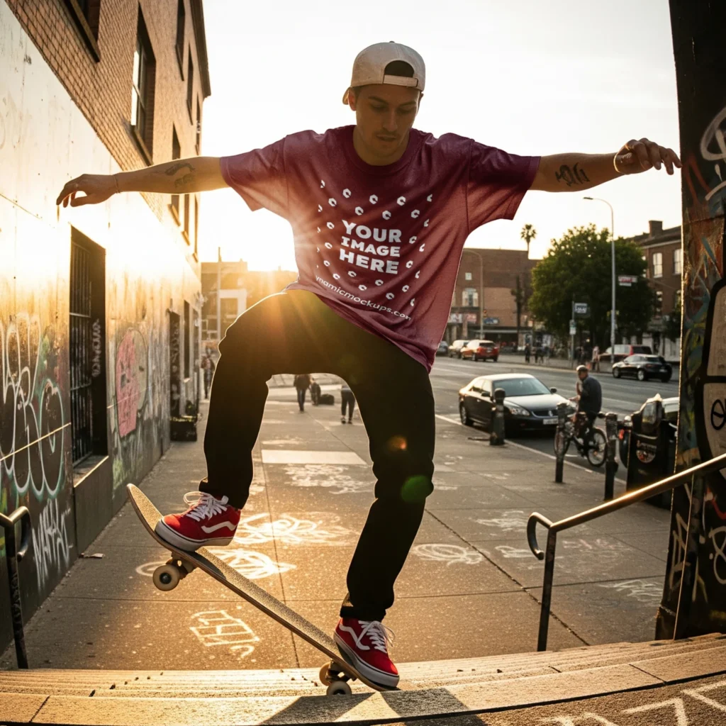 Man Wearing Maroon T-shirt Mockup Front View Template