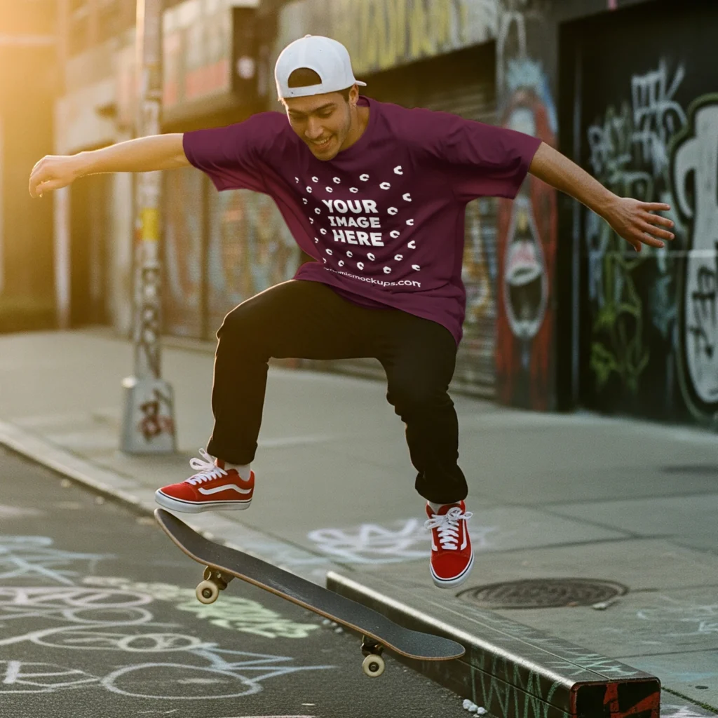 Man Wearing Maroon T-shirt Mockup Front View Template