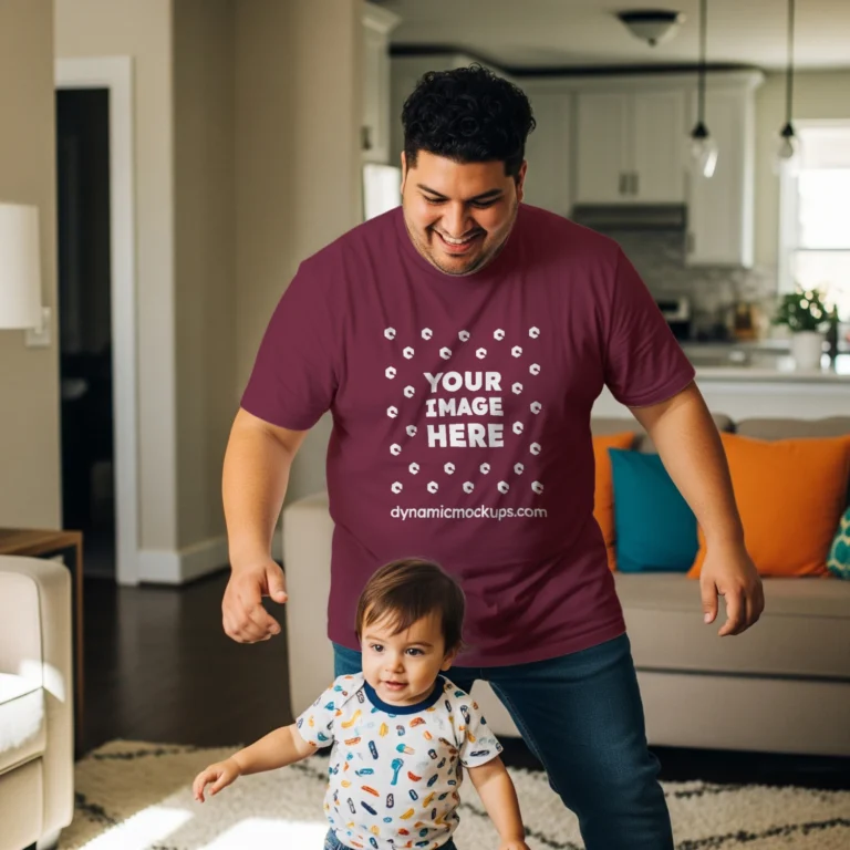 Man Wearing Maroon T-shirt Mockup Front View Template