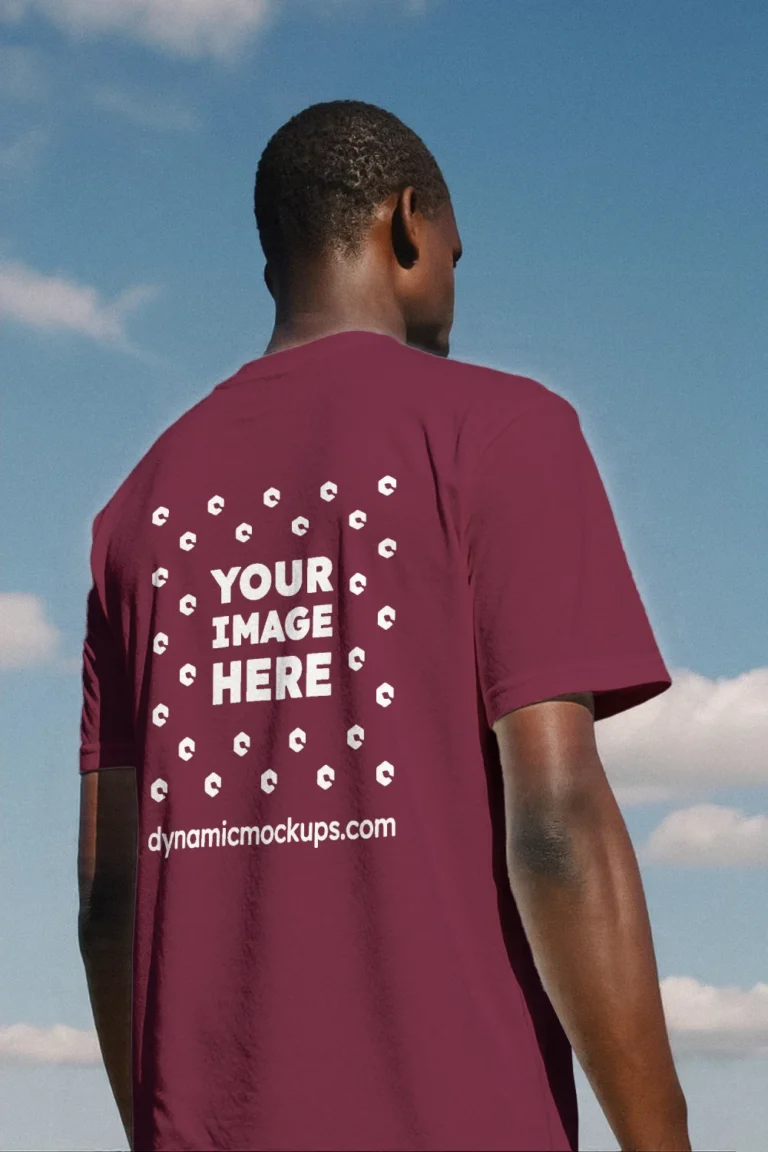 Man Wearing Maroon T-shirt Mockup Back View Template