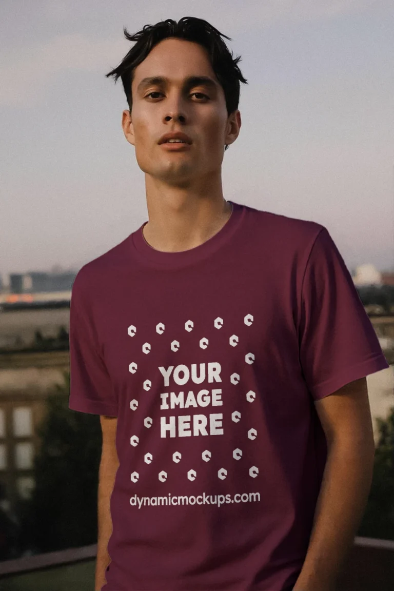 Man Wearing Maroon T-shirt Mockup Front View Template