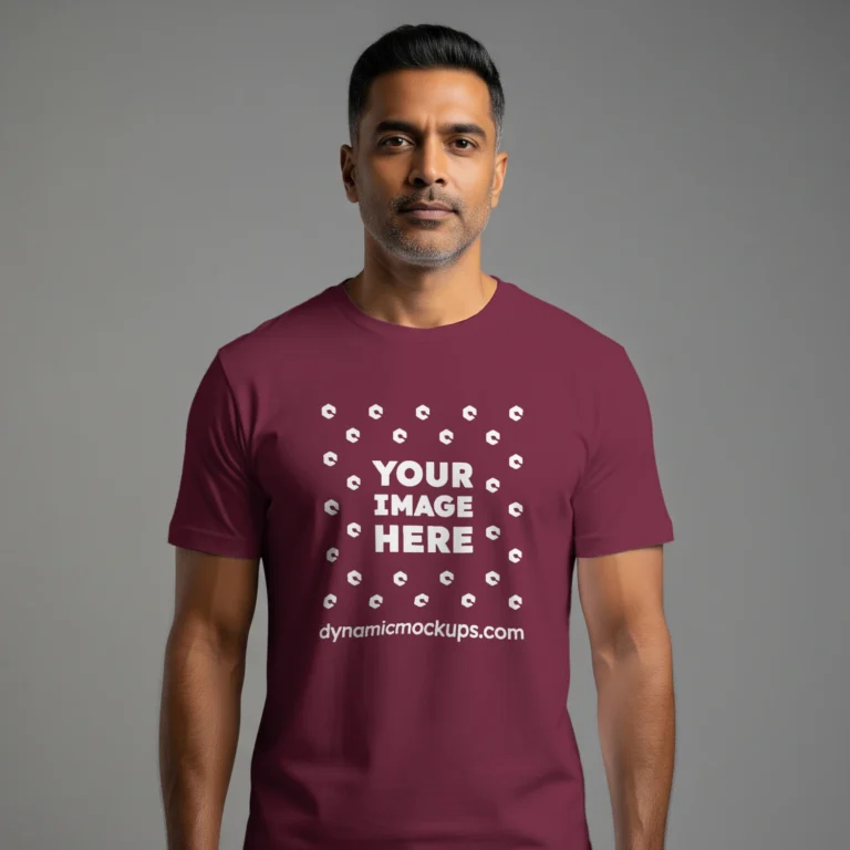 Man Wearing Maroon T-shirt Mockup Front View Template