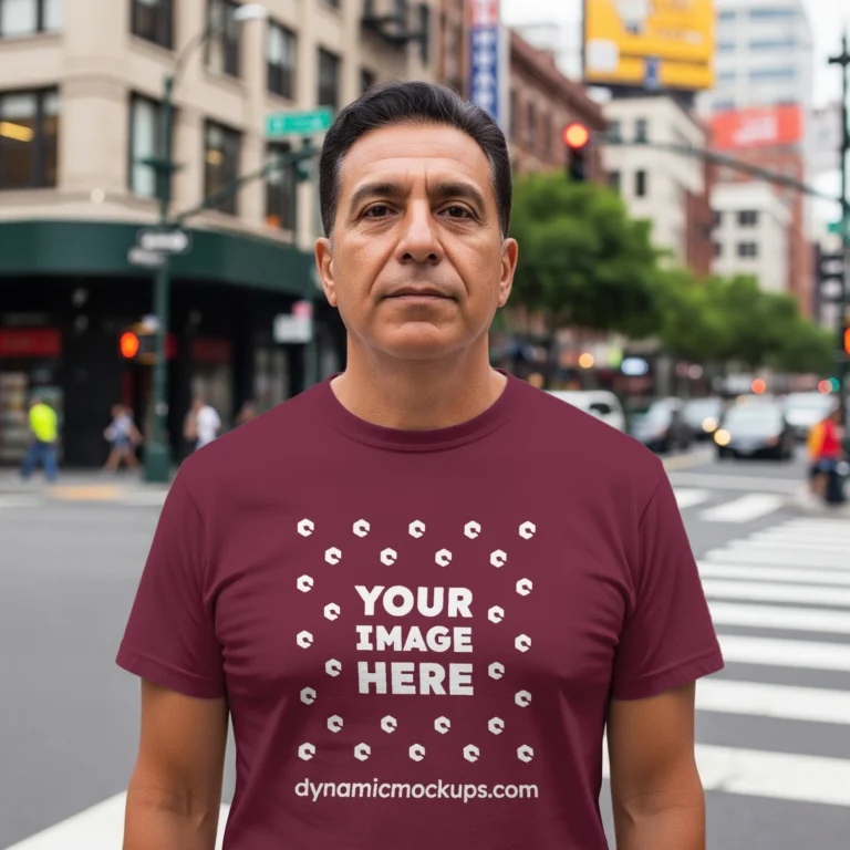 Man Wearing Maroon T-shirt Mockup Front View Template