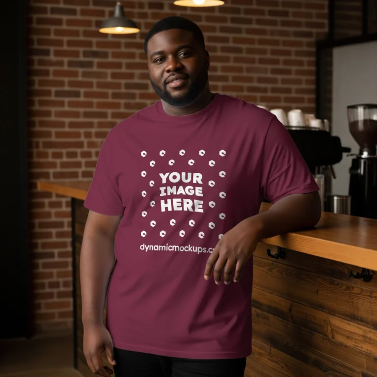 Man Wearing Maroon T-shirt Mockup Front View Template