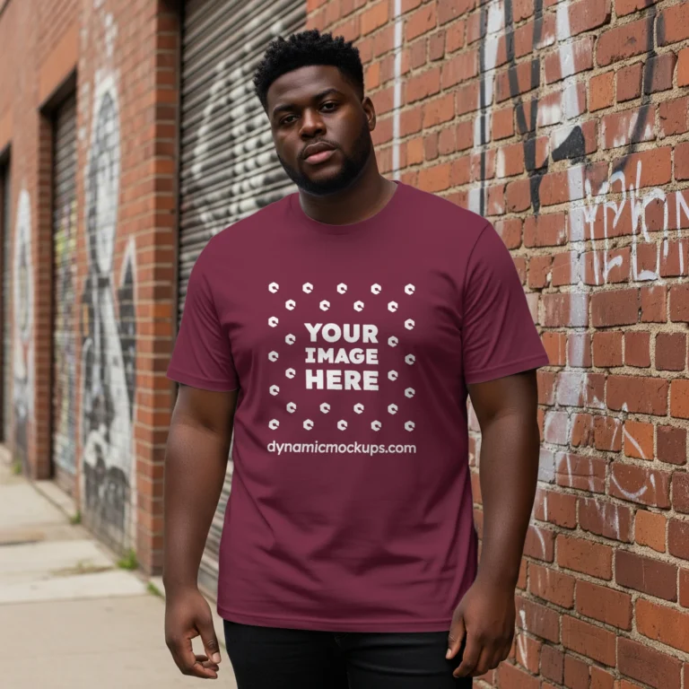 Man Wearing Maroon T-shirt Mockup Front View Template
