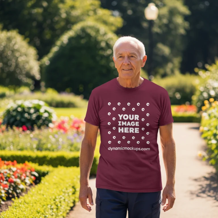 Man Wearing Maroon T-shirt Mockup Front View Template