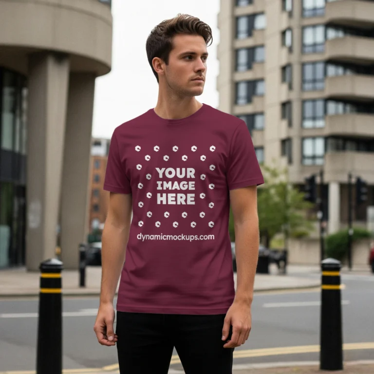 Man Wearing Maroon T-shirt Mockup Front View Template