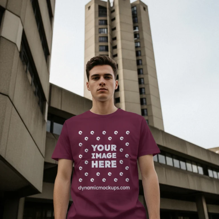 Man Wearing Maroon T-shirt Mockup Front View Template