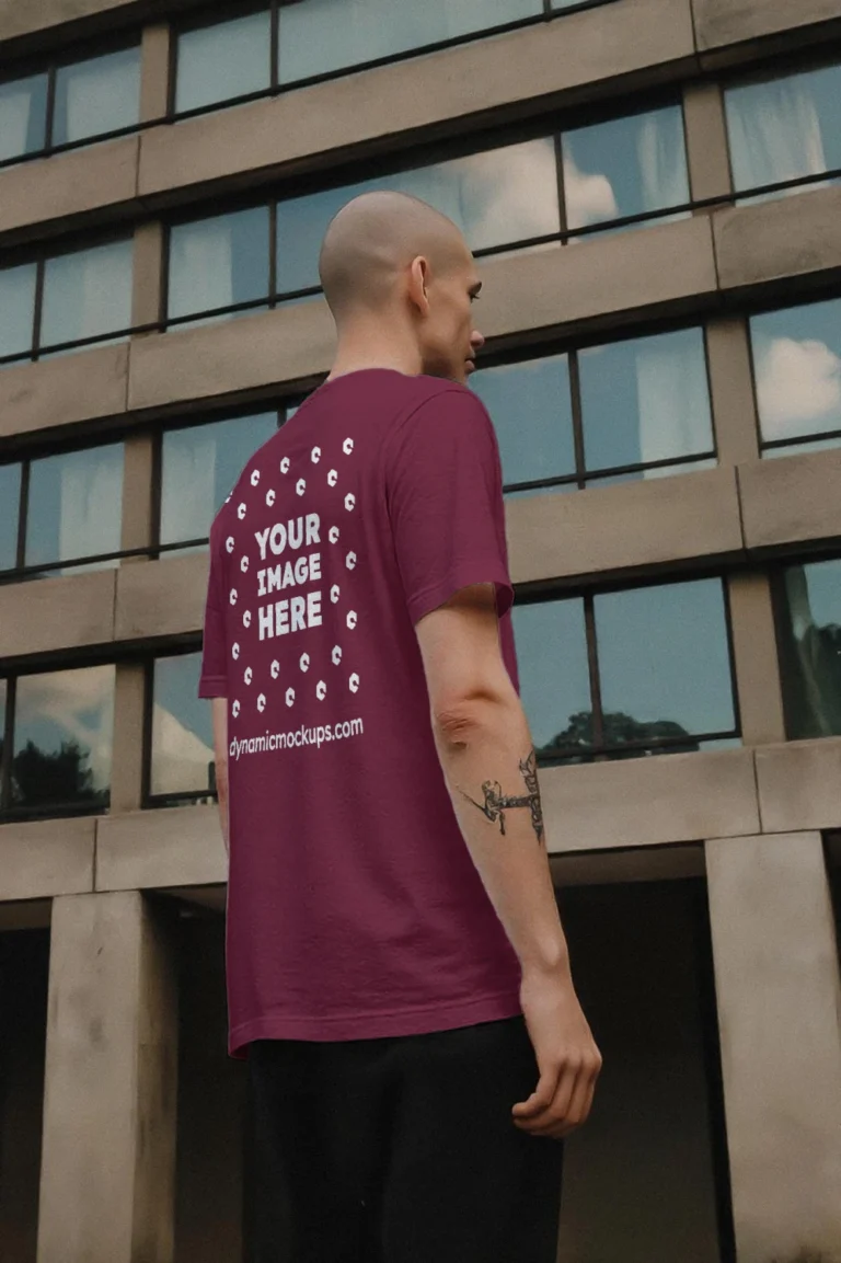 Man Wearing Maroon T-shirt Mockup Side View Template