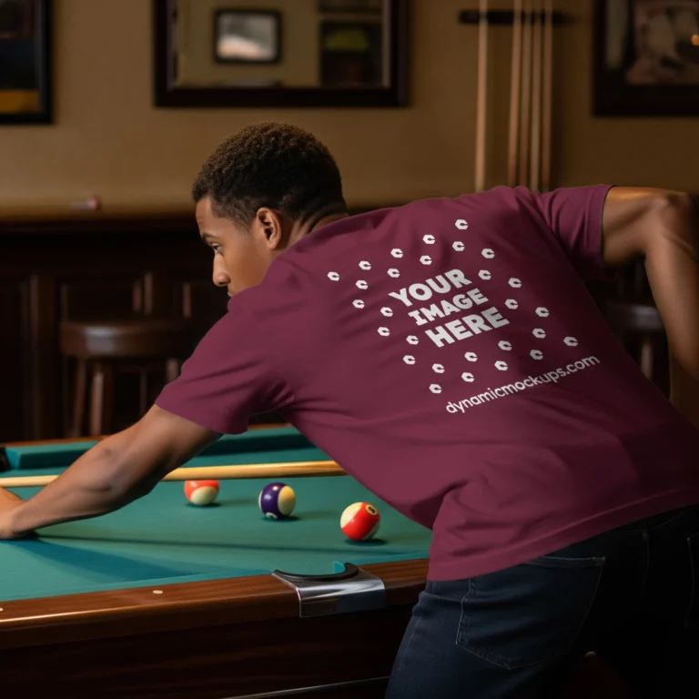 Man Wearing Maroon T-shirt Mockup Back View Template