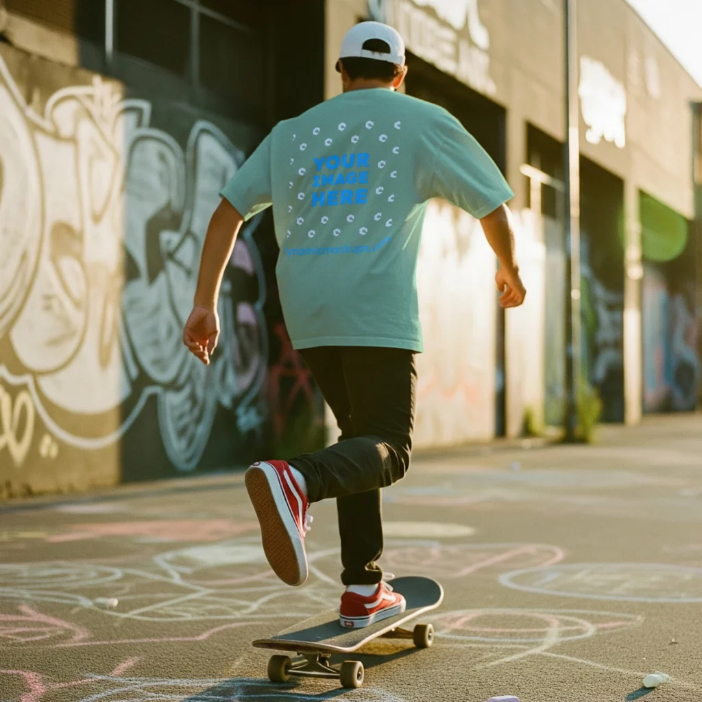 Man Wearing Mint T-shirt Mockup Back View Template