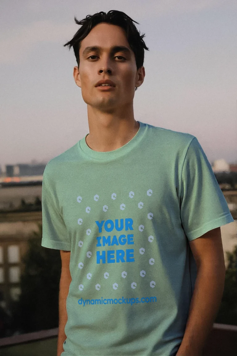 Man Wearing Mint T-shirt Mockup Front View Template