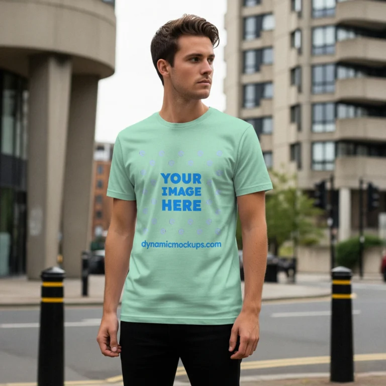 Man Wearing Mint T-shirt Mockup Front View Template